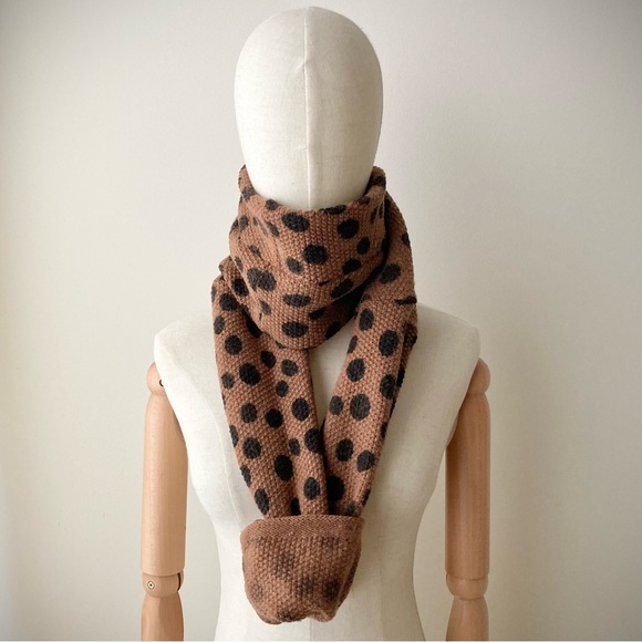 joodito merino wool sweater wrap scarf long muffler polkadot spotted brown black - Picture 2 of 12